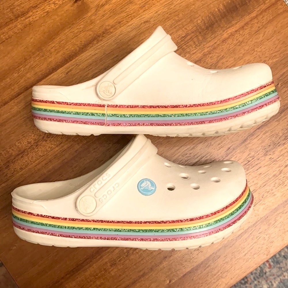 Crocs Rainbow Glitter "White/Multi" Girls' Clog. Size 3.